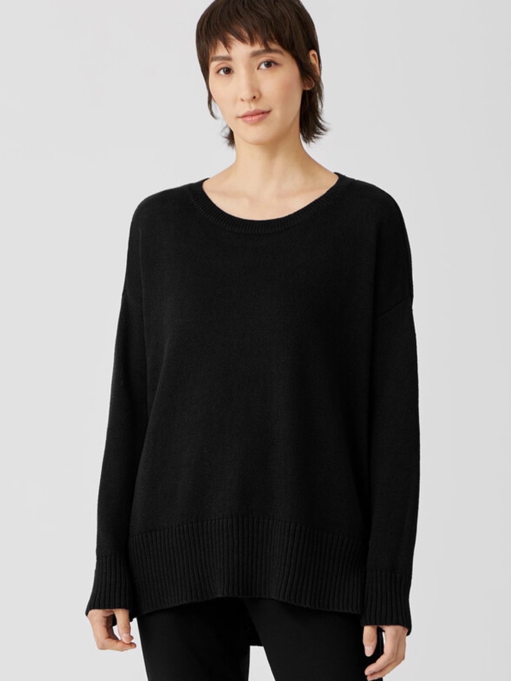 Eileen Fisher Black Crewneck Knit Sweater - Linen & Cotton Blend - S